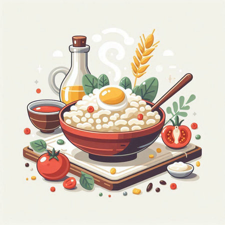 Rice porridge with egg in a bowl. Vector illustration.のイラスト素材