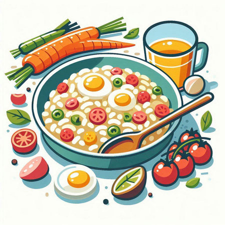 Vector illustration of a bowl of oatmeal with eggs and vegetables.のイラスト素材