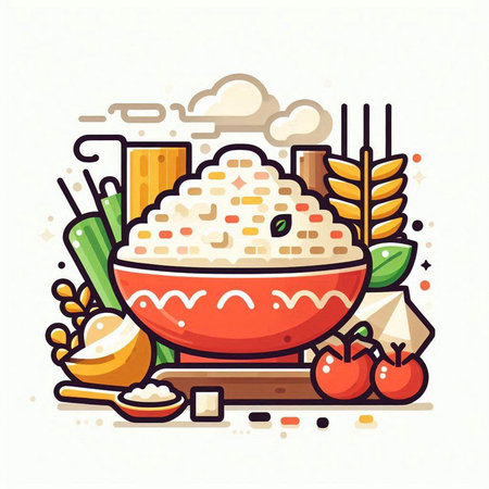 Illustration of a bowl of rice with vegetables and fruits. Vector illustration.のイラスト素材