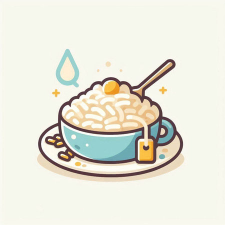 Rice porridge in bowl with teabag. Vector illustration.のイラスト素材