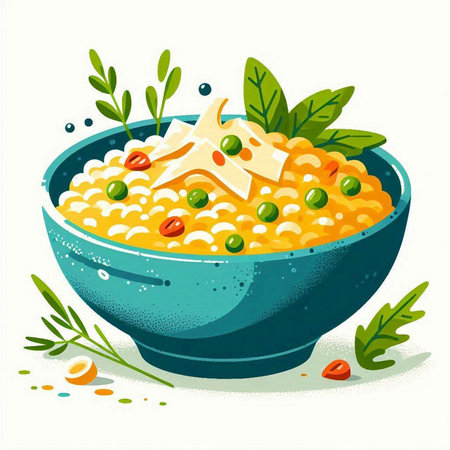 Illustration of a bowl of risotto with cheese and green peasのイラスト素材