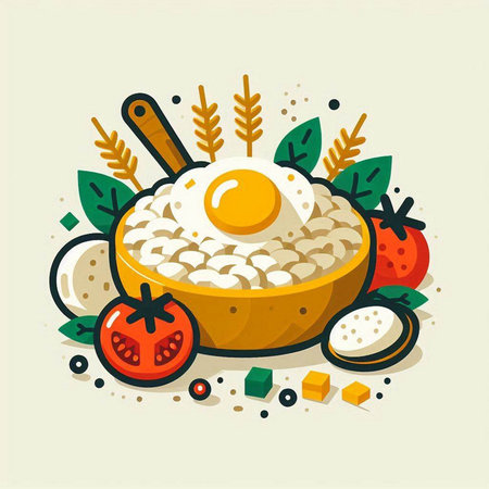 Rice porridge with fried egg in a bowl. Vector illustration.のイラスト素材
