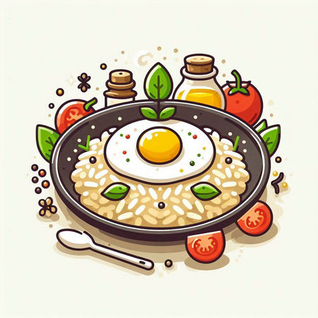 Risotto with fried egg in a frying pan. Vector illustration.のイラスト素材