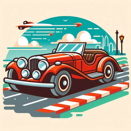 Retro car on the road. Vector illustration in retro style.のイラスト素材