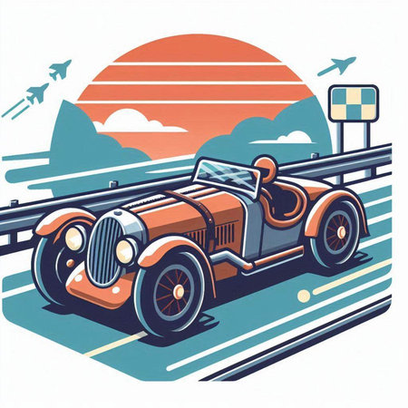 Retro car on the road. Vector illustration in retro style.のイラスト素材