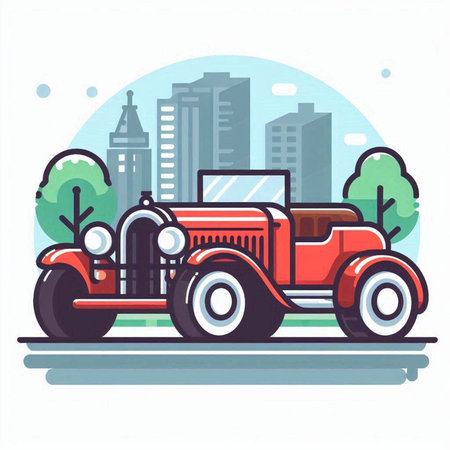 Retro car in the city. Vector illustration in flat style.のイラスト素材