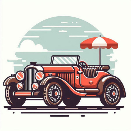 Vintage car on the road. Vector illustration for your design.のイラスト素材
