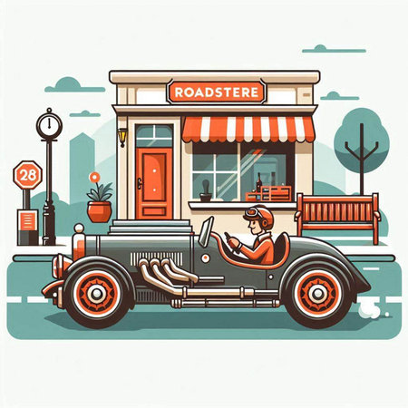 Coffee shop with old-fashioned car. Vector illustration.のイラスト素材
