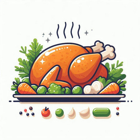 Vector illustration of a roasted chicken with vegetables on a white background.のイラスト素材