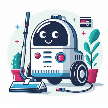 Cute robot vacuum cleaner, vector illustration. Cartoon character of a robot.のイラスト素材