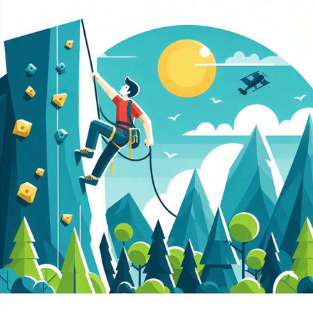 Vector illustration of a man climbing a rock wall in the forest.のイラスト素材