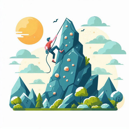 Climbing vector illustration. Cartoon rock climber climbing on a cliff.のイラスト素材