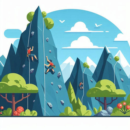Climbing in the mountains. Vector illustration. Flat style.のイラスト素材
