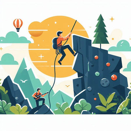 Vector illustration of rock climber on the cliff. Flat style design.のイラスト素材