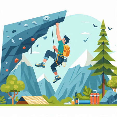 Climbing vector illustration. Man climbing on a cliff in the mountains.のイラスト素材