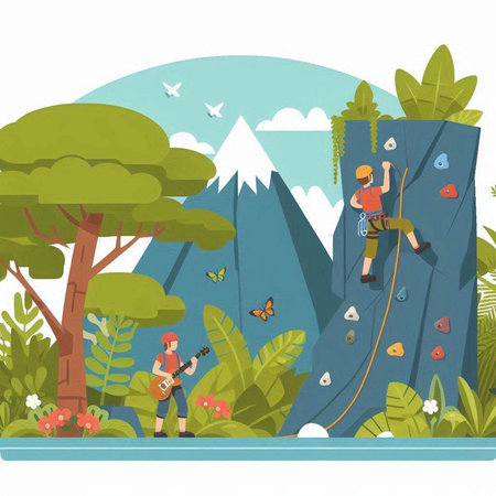 Rock climbing in the mountains. Vector illustration in flat cartoon style.のイラスト素材