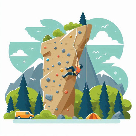 Rock climber climbs on a cliff. Flat style vector illustration.のイラスト素材