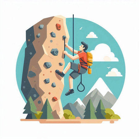 Climbing vector illustration in flat cartoon style. Man climbing on rock.のイラスト素材