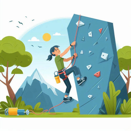 Climber girl climbs up the mountain. Vector illustration. Flat style.のイラスト素材