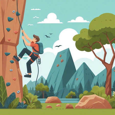 Vector illustration of a rock climber climbing on a cliff in the forestのイラスト素材