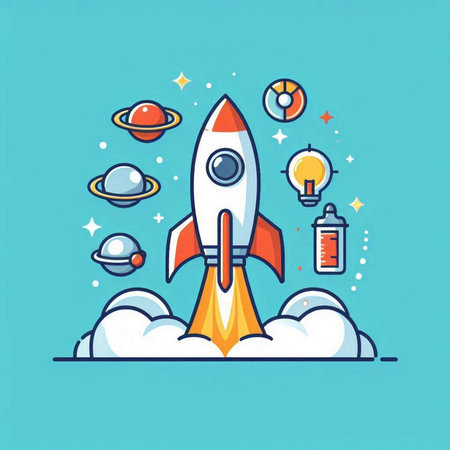 Startup concept. Flat line design style vector illustration. Rocket, spaceship, planets, lightbulb and other elements.のイラスト素材