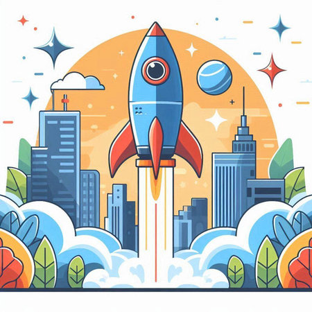 Start up business concept with rocket and cityscape. Vector illustration.のイラスト素材