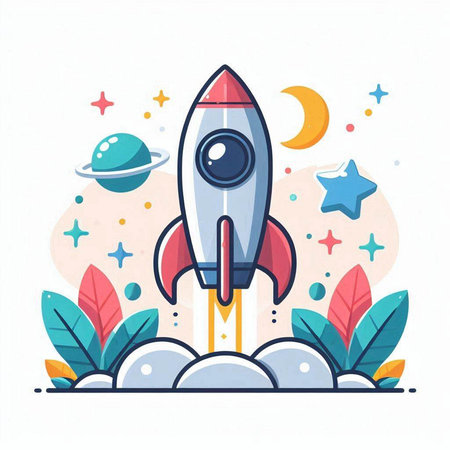 Rocket icon in flat style on white background with stars and planets. Vector illustration.のイラスト素材