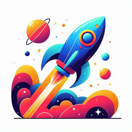 Rocket in space with planets and stars. Vector illustration for your designのイラスト素材