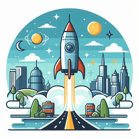 Rocket launch on the road. Start up business concept. Vector illustrationのイラスト素材