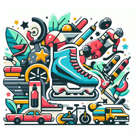 Colorful vector illustration of roller skates and sport equipment. Line art designのイラスト素材