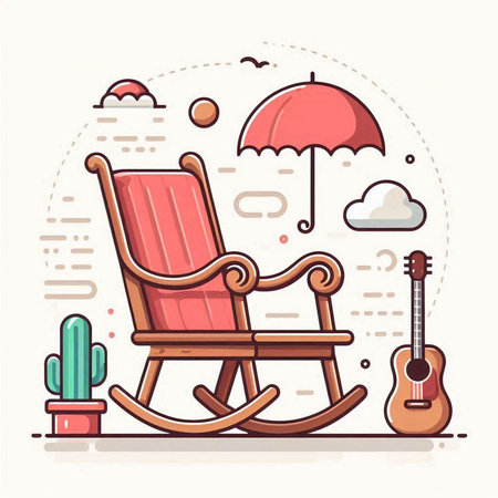 Vector illustration of rocking chair with umbrella and ukulele.のイラスト素材