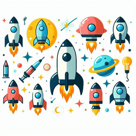 Space elements, rocket, spaceship, planets, stars. Vector illustrationのイラスト素材