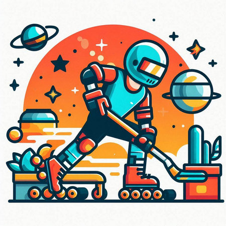 Vector illustration of a robot playing hockey on roller skates. Cartoon style.のイラスト素材
