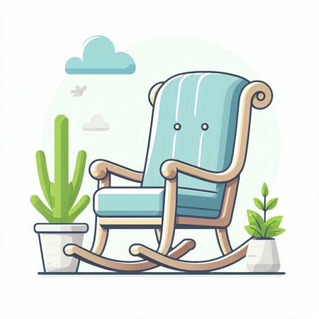Vector illustration of rocking chair and potted plants in cartoon style.のイラスト素材