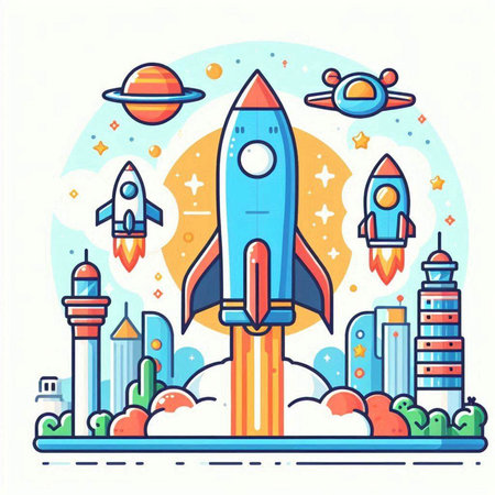 Space rocket launch. Vector illustration in flat linear style on white background.のイラスト素材