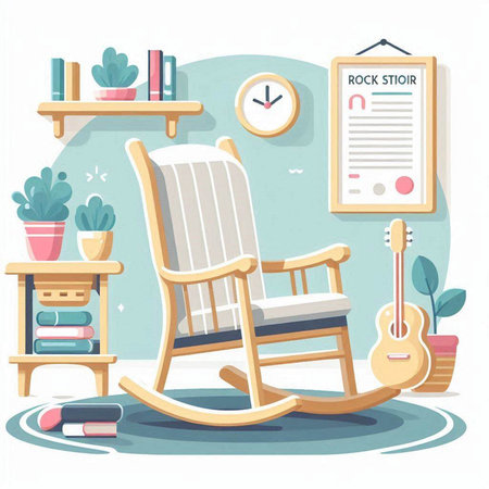 Illustration of rocking chair in living room. Flat design vector illustration.のイラスト素材