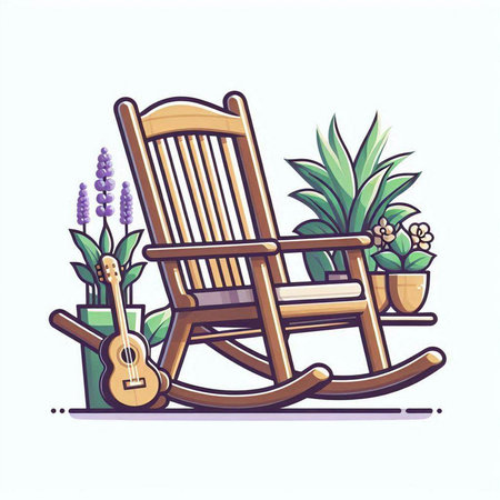 Wooden rocking chair, guitar and houseplants. Vector illustrationのイラスト素材