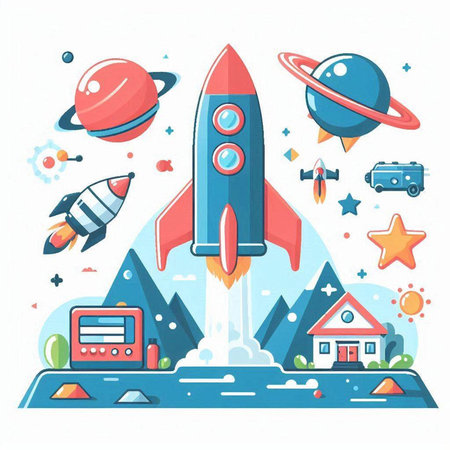 Rocket launch into space. Start up business concept. Vector illustration.のイラスト素材
