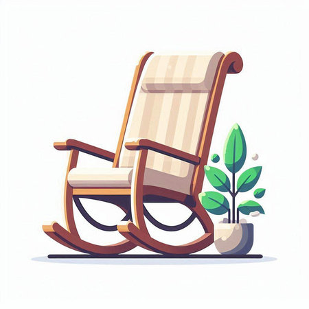 Wooden rocking chair with a plant in a pot. Vector illustration.のイラスト素材