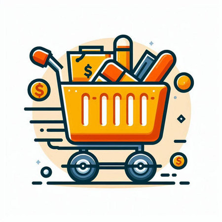 Shopping cart with stationery. Vector illustration in thin line style.のイラスト素材