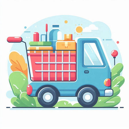 Truck with luggage and shopping bags. Vector illustration in flat styleのイラスト素材
