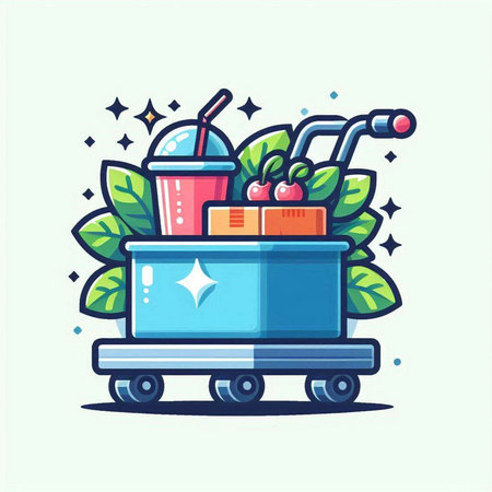 Cartoon illustration of a cart full of food. Vector illustration.のイラスト素材