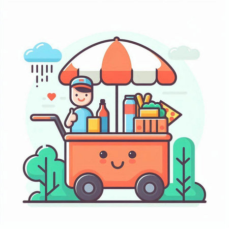 Courier with food cart. Fast food concept. Vector illustrationのイラスト素材