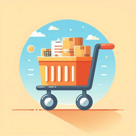 Shopping cart full of boxes. Online shopping concept. Vector illustrationのイラスト素材