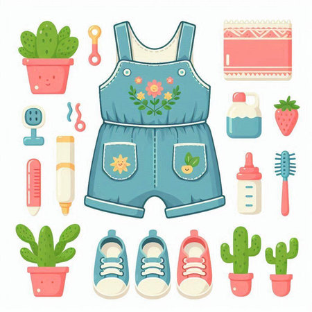 Set of baby clothes and accessories. Vector illustration in cartoon style.のイラスト素材
