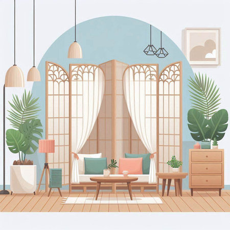 Living room interior with furniture and plants. Vector illustration in cartoon style.のイラスト素材