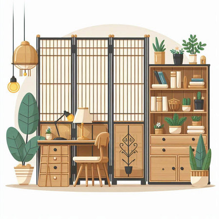Interior of home office. Vector illustration in flat cartoon style.のイラスト素材