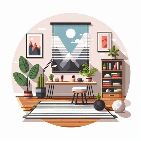 Modern living room interior with furniture, bookshelf, coffee table, potted plants and paintings. Flat vector illustration.のイラスト素材