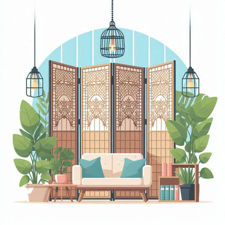Interior of the living room with furniture and plants. Vector illustrationのイラスト素材