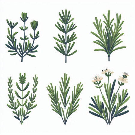 Set of hand drawn herbs. Rosemary, lavender, thyme, chamomile, lavender, rosemary. Vector illustration.のイラスト素材